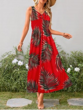 Palm Leaves V -Neck Sleeveless Summer Dress
